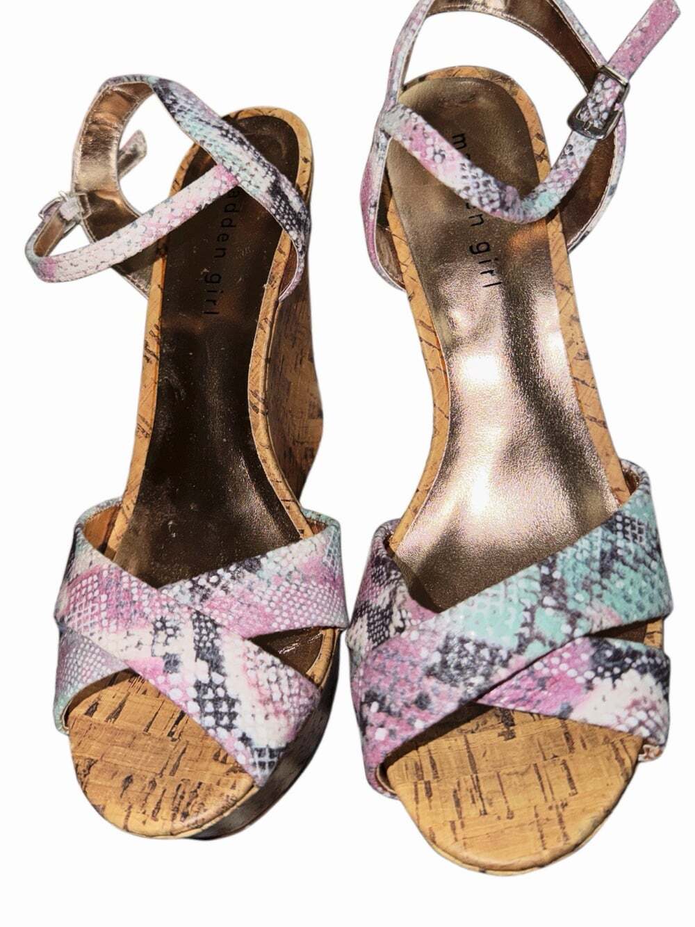 Madden Girl Pastel Faux Snake Skin Pattern Ankle Strap Platform Wedges Sz 10